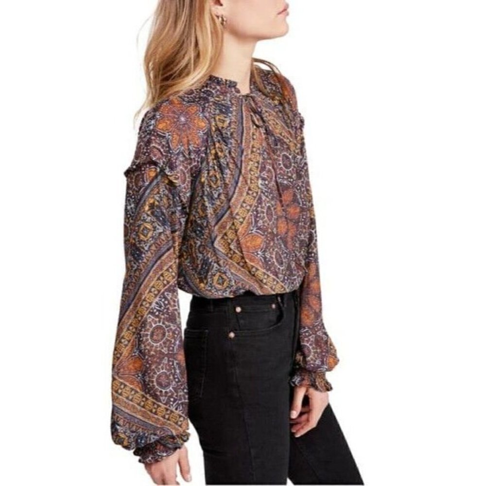 Free People Little Runaway Blouse In Black Combo Women's S Boho Festival Hippie